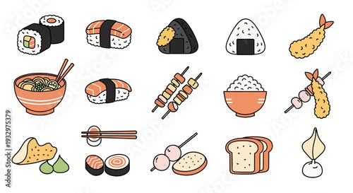 Assorted Japanese cuisine illustrations including sushi, sashimi, and tempura displayed on a clean white background from a straightforward viewpoint