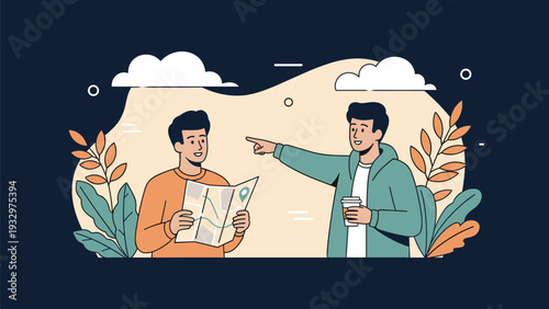 Man pointing a direction to another man holding a paper map while traveling in a new city or exploring the outdoors.