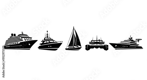 Silhouette of various watercraft including cruise ship, yacht, sailboat, and motorboat on white background.