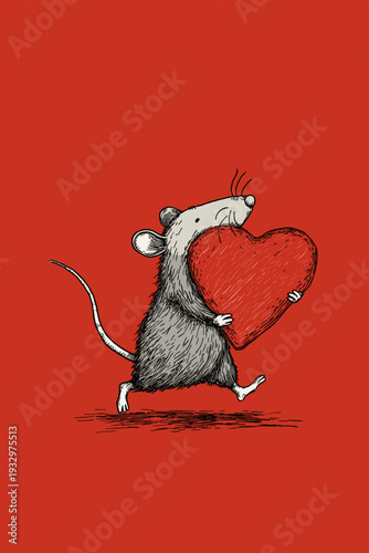 Cartoon gray rat running with a large red heart on a solid red background. Cute gray rat carrying red heart running