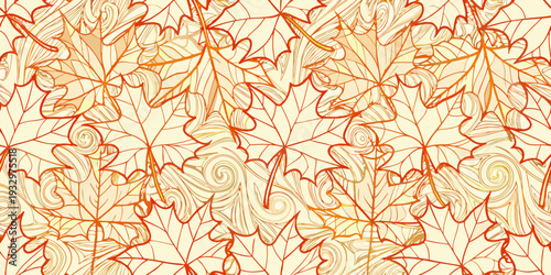 An autumnal seamless pattern of swirling orange and beige maple leaves