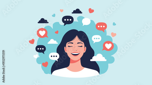 Happy young woman smiling with closed eyes while surrounded by a variety of speech bubbles, heart icons, and white cloud symbols.
