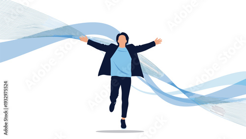 Motivated professional running forward with arms wide open against a backdrop of dynamic blue wavy lines and abstract graphic shapes.