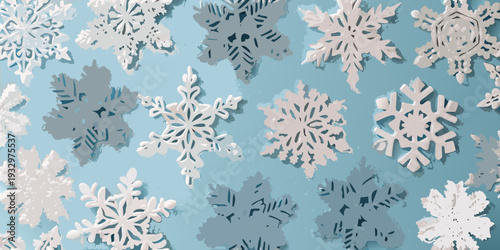Abstract illustration of delicate white and gray snowflakes on a blue background