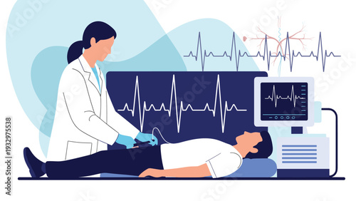 Professional doctor in a white coat performing a diagnostic heart scan on a patient in a modern hospital clinic using high tech equipment.