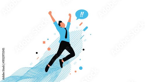 Excited man in a blue shirt and tie jumping for joy with an exclamation mark speech bubble above his head against abstract patterns.