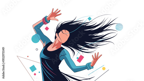 Energetic woman with long dark hair dancing with a sense of freedom and wearing colorful bangles against a clean white background.