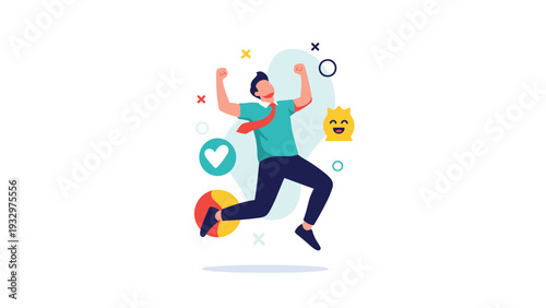 Ambitious man in a tie jumping high for joy surrounded by various social media heart icons, like symbols, and happy yellow emojis.