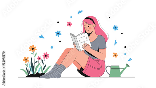 Relaxed girl with bright pink hair sitting on the ground reading a book while surrounded by flowers and a green watering can.