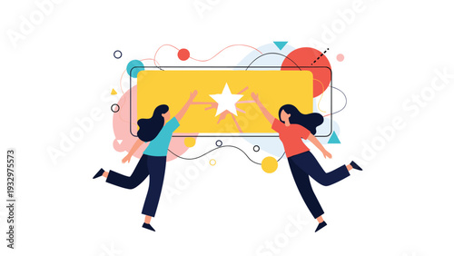 Two determined women floating in the air and reaching out to touch a bright white star inside a yellow rectangular graphic frame.