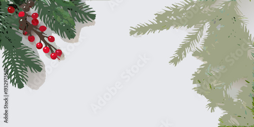 Festive evergreen boughs with red berries frame a clean white space