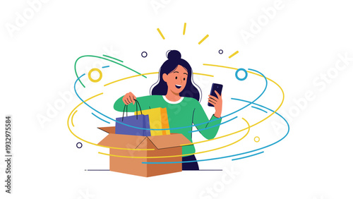 Happy woman checking her smartphone while opening a large cardboard delivery box containing several colorful new shopping bags.