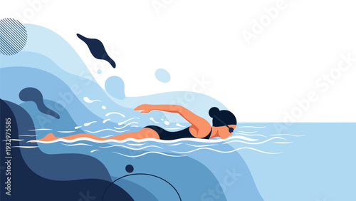 Athletic woman in a black swimsuit swimming through stylized blue ocean waves during a sunny day in a symbolic representation of fitness.