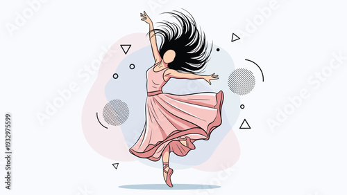 Graceful ballerina dancing elegantly in a light pink dress with long flowing dark hair against a soft abstract circular background.