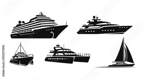 Collection of various black and white boat illustrations for maritime themes and designs.