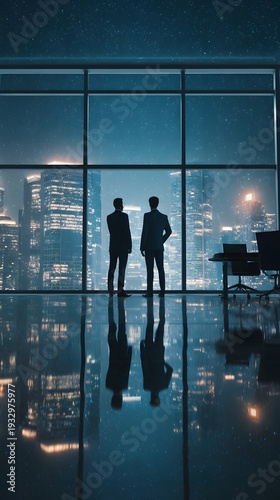 Two businessmen contemplating the future from a skyscraper office window at night, with the illuminated cityscape reflecting on the polished floor