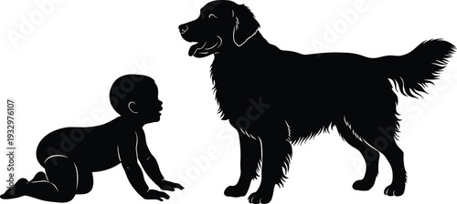 Silhouette vector illustration of baby crawling on ground facing standing dog, showing innocence, companionship, curiosity, trust, love, and human‑animal bond