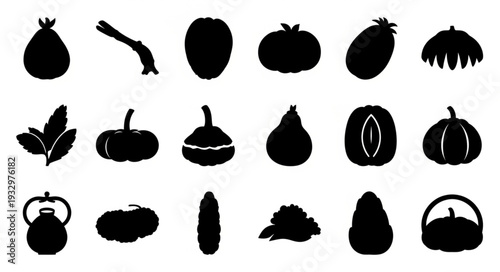 Assortment of various fruits and vegetables in silhouette form, perfect for culinary and agricultural themes.