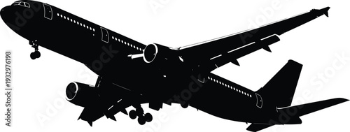 Commercial airplane silhouette in flight, landing gear extended, jet aircraft vector, cad drawing flat vector illustration, aviation design inspiration artwork
