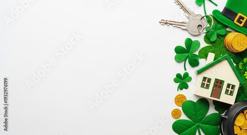 St. Patrick is a day house, keys, and clover leaf frame on white background for greeting card and real estate concept.
