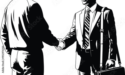 Two businessmen shake hands firmly over a white background, symbolizing a successful agreement and partnership closing a deal.