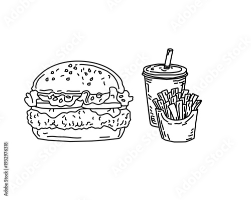 chicken burger combo, combo meal illustration, fast food set, burger fries soda, takeaway meal, junk food combo, hand drawn fast food, doodle food illustration, crispy chicken burger, french fries ske