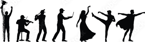 Silhouette vector illustration of diverse people performing activities including music, dance, technology, martial arts, superhero pose, achievement, and creativity