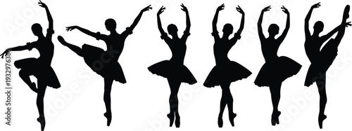 Elegant ballet dancer silhouettes, classical poses, pirouettes and arabesques, graceful tutus, cad drawing flat vector illustration, dance art design inspiration