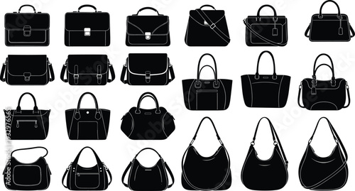 Handbag silhouettes collection, fashion accessories vector, stylish purse icons, tote bag shapes, satchel outline, shoulder bag design, CAD drawing flat vector illustration