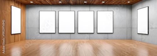 Empty Art Gallery with Frames: A minimalist art gallery with polished wooden floors, modern concrete walls, and a ceiling adorned with spotlights, featuring several empty frames ready for display.