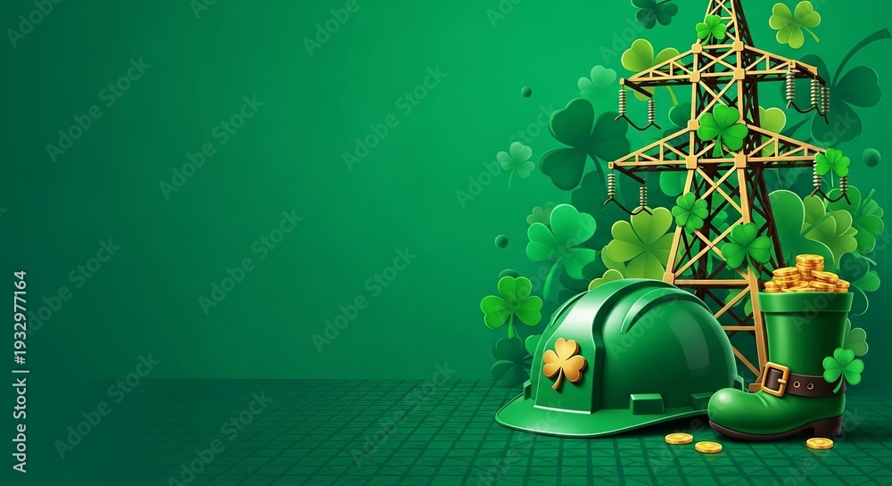 Obraz premium Green leprechaun boot full of gold next to hardhat and power tower. St. Patricks Day celebration of wealth and industrial theme.