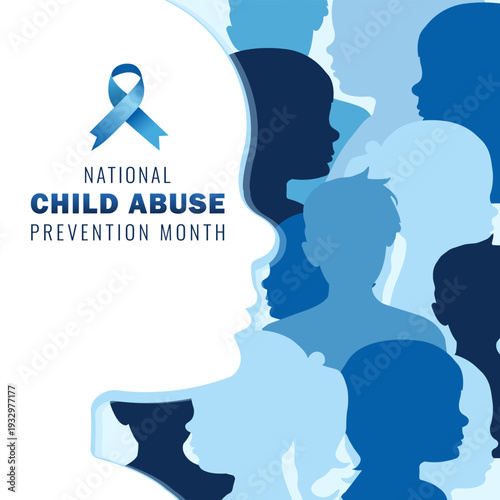 Poster on the social theme "Child Abuse Prevention Month". Vector illustration of children silhouettes. The blue ribbon is a symbol of protection and support for children.