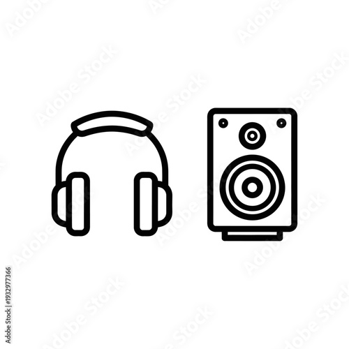 Audio equipment icons, depicting a pair of headphones and a loudspeaker, symbolizing music, sound, and audio playback.
