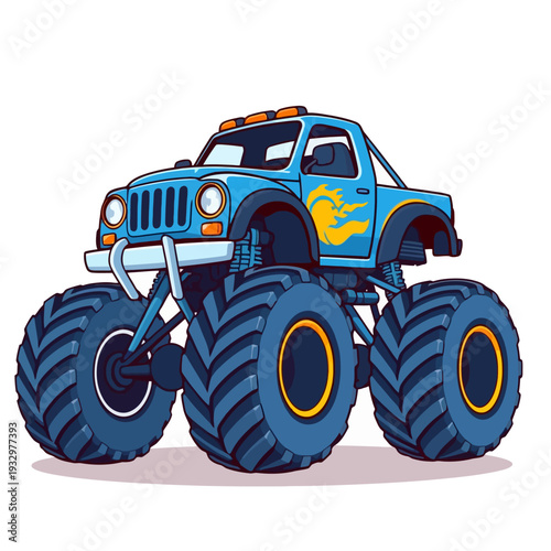 Blue Monster Truck with Large Tires and Flame Design