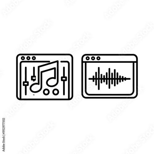 Icons for digital audio production, featuring a music project mixer interface with sliders and a music note, and an audio project waveform display.