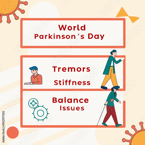 World parkinson's day banner illustrating common symptoms such as tremors, stiffness, and balance issues with characters