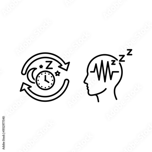 Icon set illustrating sleep cycle and brainwave activity, representing deep sleep, rest, and mental states