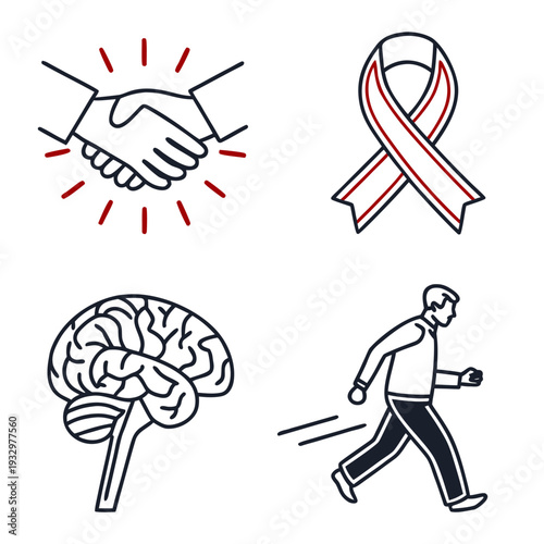 Parkinsons disease awareness symbols shaking hands red ribbon brain and person walking