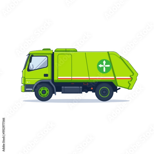 Green garbage truck with recycling symbol