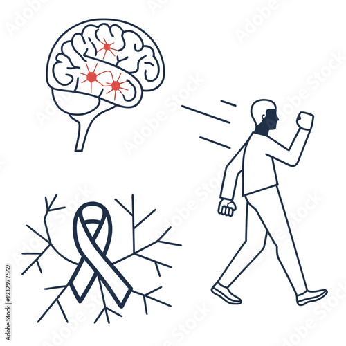 Brain nerve cells walking person and ribbon symbols for world parkinsons day support and awareness