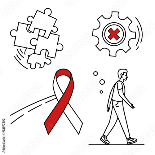 World Parkinson's day awareness graphics puzzle gear ribbon and person walking icons