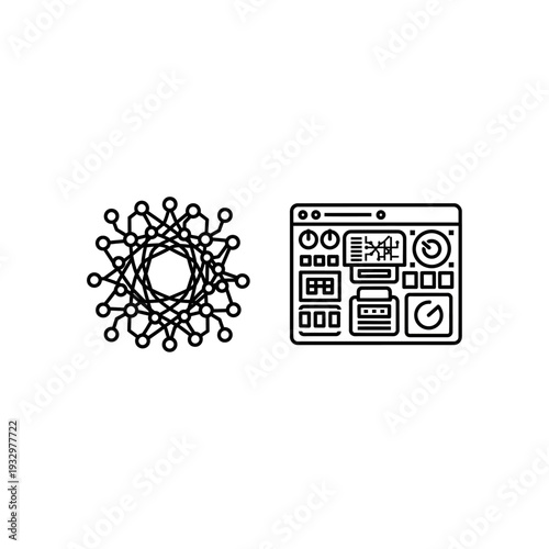 Abstract network of interconnected nodes and futuristic quantum computing interface with control panel, representing technology and data science concepts.