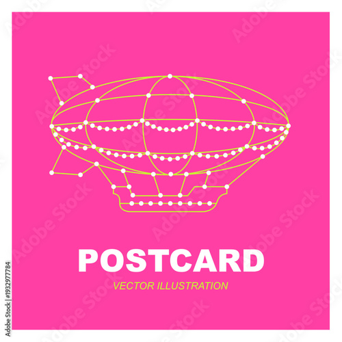 Modern neon wireframe vector illustration of a vintage zeppelin airship with lines against a bright pink background. Postcard templates, retro-futuristic posters, travel concepts, and technology