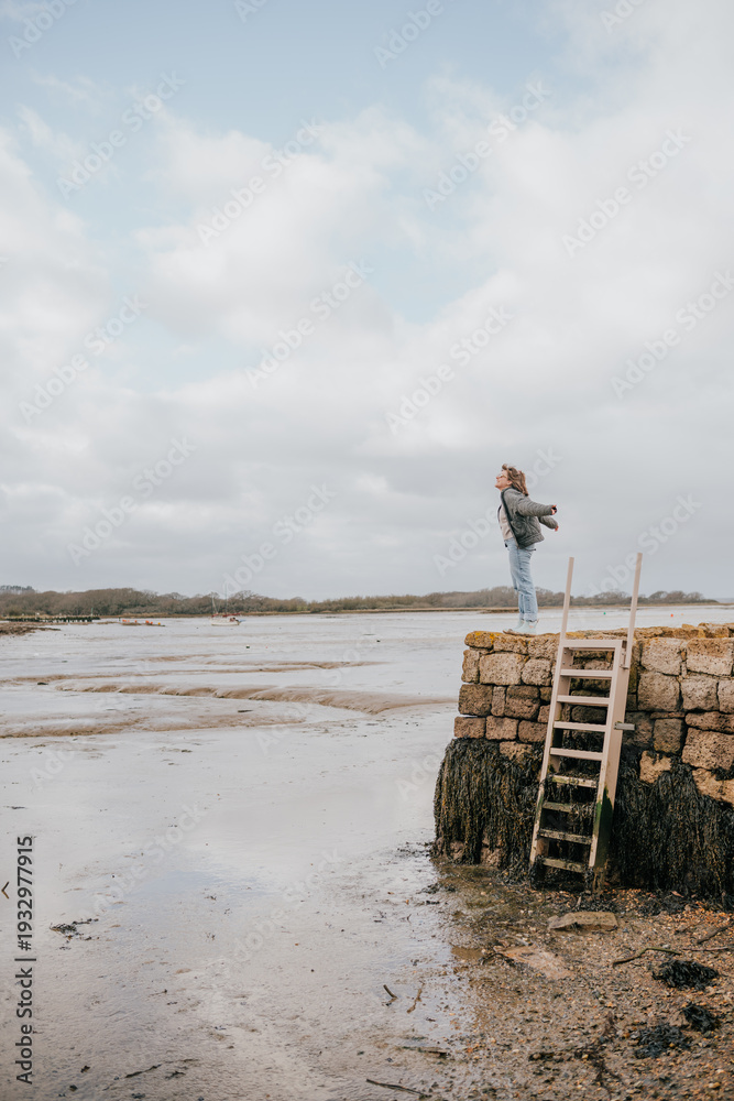 Obraz premium A woman stands on a ladder overlooking a body of water. The sky is cloudy, and the water is calm. The scene is peaceful and serene, with the woman enjoying the view and the quiet atmosphere