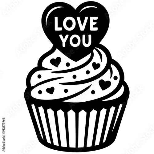 Classic B&W 'LOVE YOU' cupcake illustration with heart & sprinkles. Ideal for Valentine's Day, anniversaries, or expressing affection. Perfect digital graphic for romantic cards, gifts, projects, symb