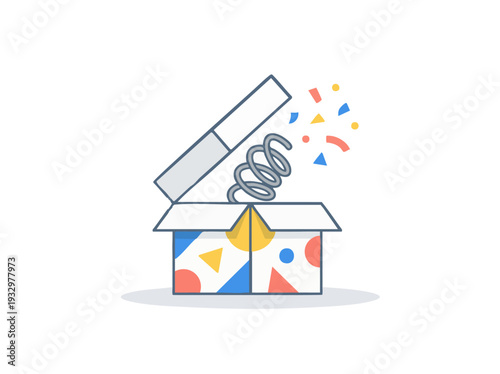 Minimalist flat vector illustration of a surprise prank box with spring-loaded