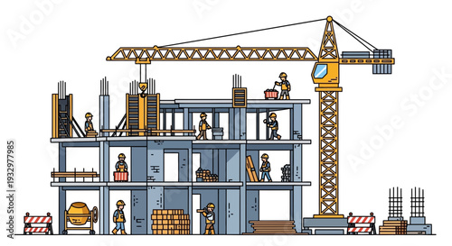 Detailed illustration of a multi-story building under construction with workers, a large crane, and various building materials on site.