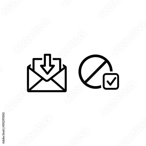 Opt-out concept icons: an envelope with an incoming arrow and a prohibition sign with a checkmark for opting out of subscriptions or services.