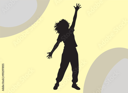High-quality SEL silhouette EPS file of a young person reaching for the stars with messy hair and energetic posture. An inspiring vector graphic symbolizing ambition, success, and youthful freedom.