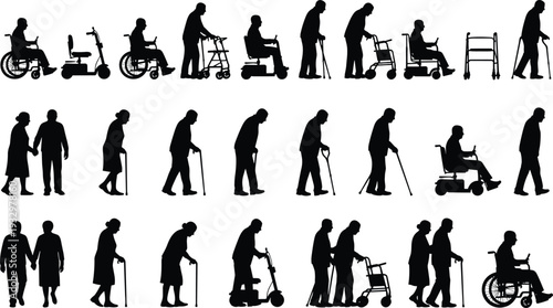 Black silhouette vector illustration showing elderly people with wheelchairs, walkers, canes, mobility scooters, accessibility, aging population, healthcare support concept